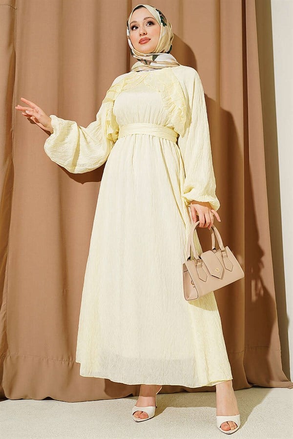 Yellow Ruffled Dress with Elastic Waistband and Belt