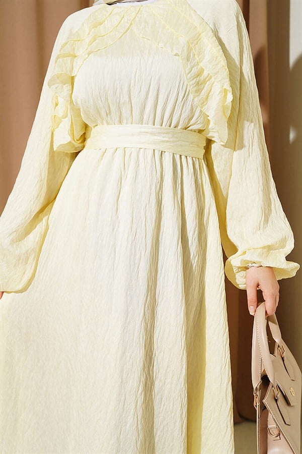 Yellow Ruffled Dress with Elastic Waistband and Belt
