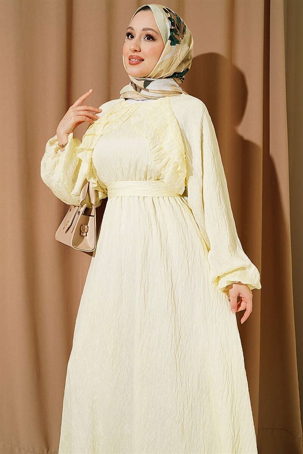 Yellow Ruffled Dress with Elastic Waistband and Belt