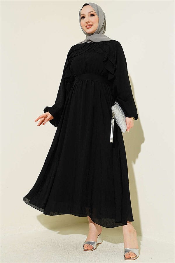 Black Dress with Elastic Waistband and Ruffles