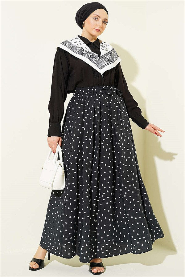 Black Polka Dot Skirt with Elastic Waistband