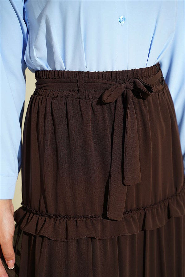 Belted Chiffon Skirt with Elastic Waistband, Brown