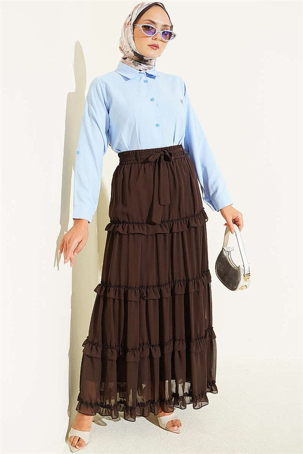 Belted Chiffon Skirt with Elastic Waistband, Brown