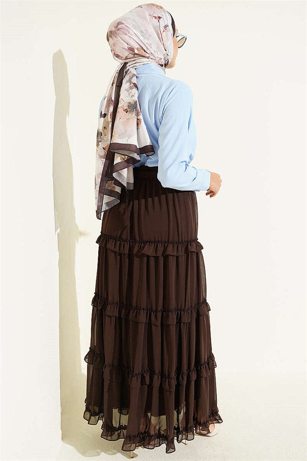 Belted Chiffon Skirt with Elastic Waistband, Brown