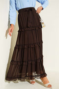 Belted Chiffon Skirt with Elastic Waistband, Brown