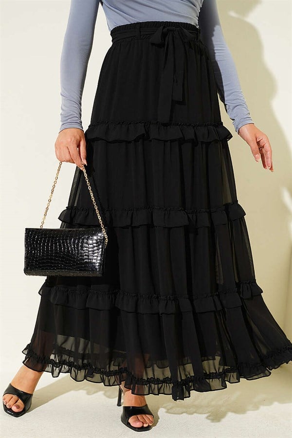 Black Chiffon Skirt with Elastic Waistband