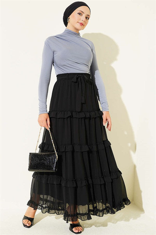 Black Chiffon Skirt with Elastic Waistband