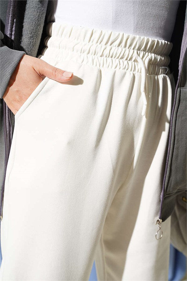 Loysa Trousers with Elastic Waistband, Ecru
