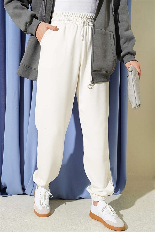 Loysa Trousers with Elastic Waistband, Ecru