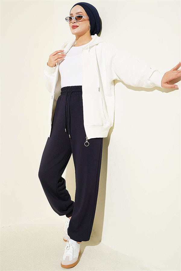 Loyşa Trousers with Elastic Waistband, Navy Blue