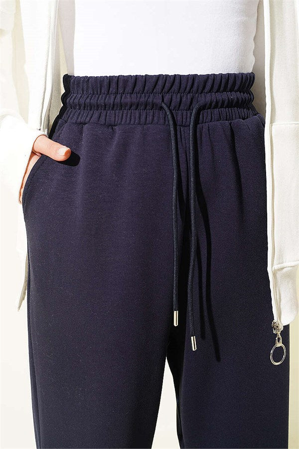 Loyşa Trousers with Elastic Waistband, Navy Blue