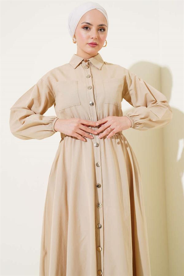 Waist Elastic Metal Button Dress Beige