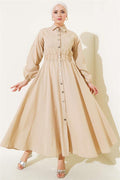 Waist Elastic Metal Button Dress Beige
