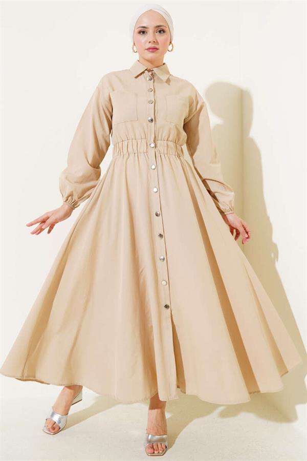 Waist Elastic Metal Button Dress Beige