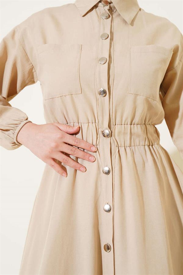 Waist Elastic Metal Button Dress Beige