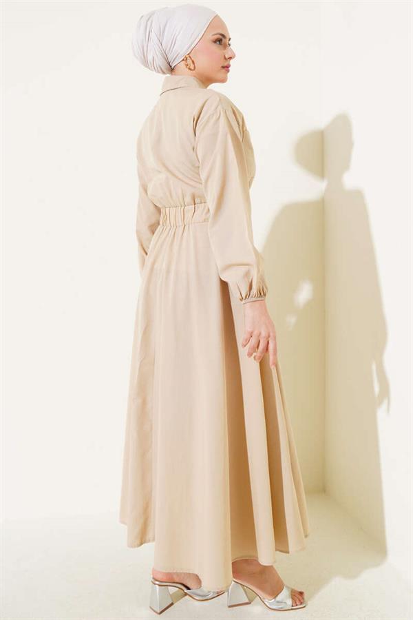 Waist Elastic Metal Button Dress Beige