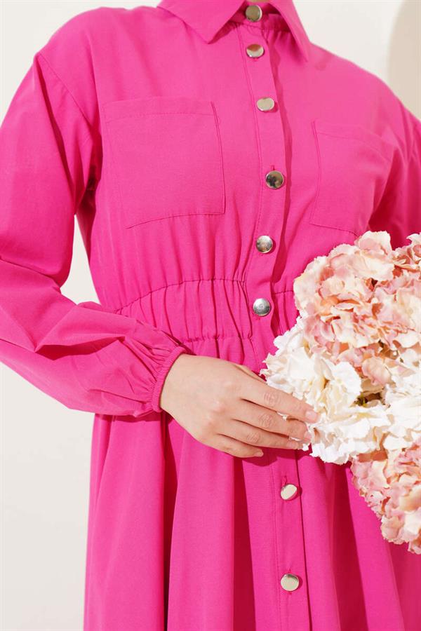 Waist Elastic Metal Button Dress Fuchsia