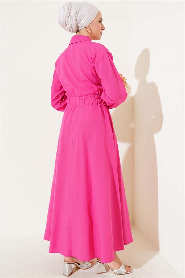 Waist Elastic Metal Button Dress Fuchsia