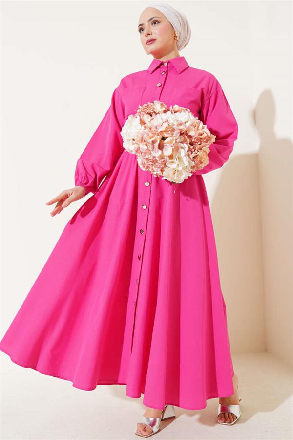 Waist Elastic Metal Button Dress Fuchsia
