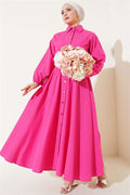 Waist Elastic Metal Button Dress Fuchsia