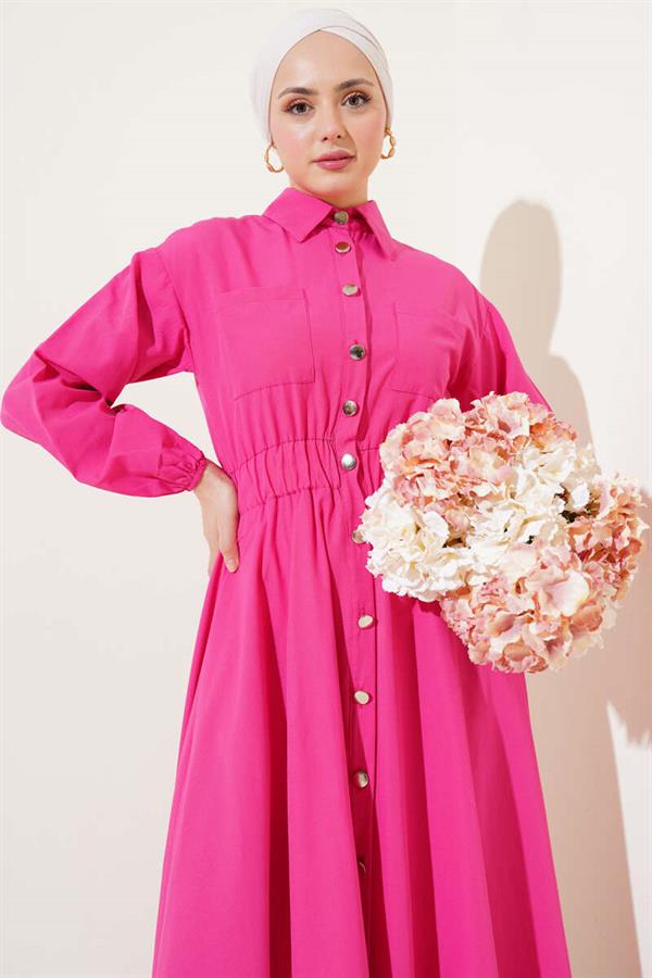 Waist Elastic Metal Button Dress Fuchsia