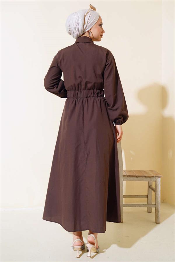 Elastic Waist Metal Button Dress Brown