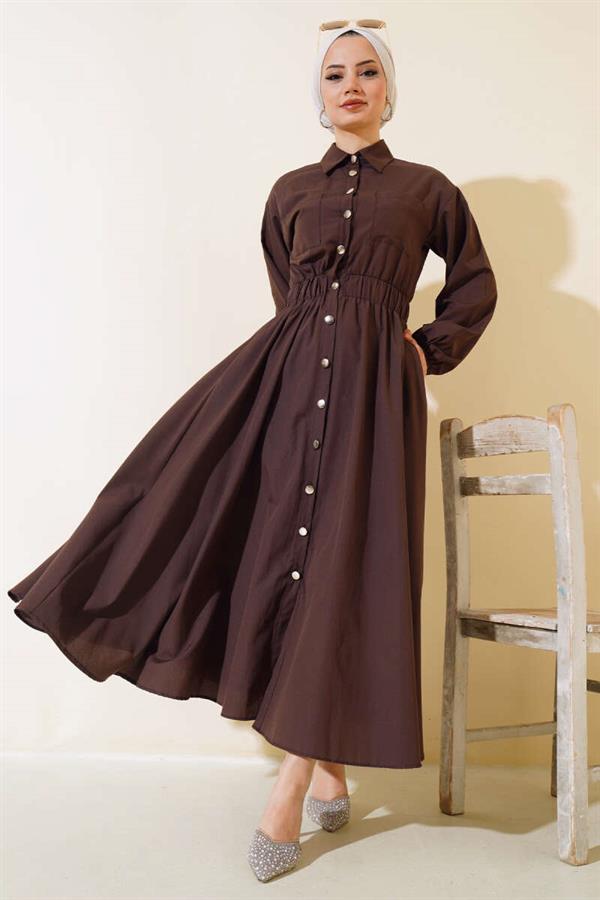 Elastic Waist Metal Button Dress Brown