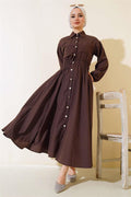 Elastic Waist Metal Button Dress Brown