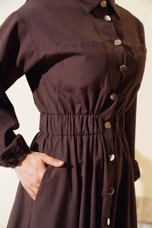 Elastic Waist Metal Button Dress Brown