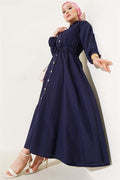 Elastic Waist Metal Button Dress Navy Blue