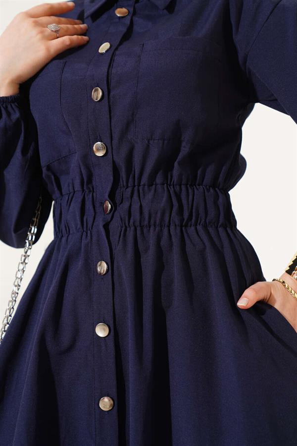 Elastic Waist Metal Button Dress Navy Blue