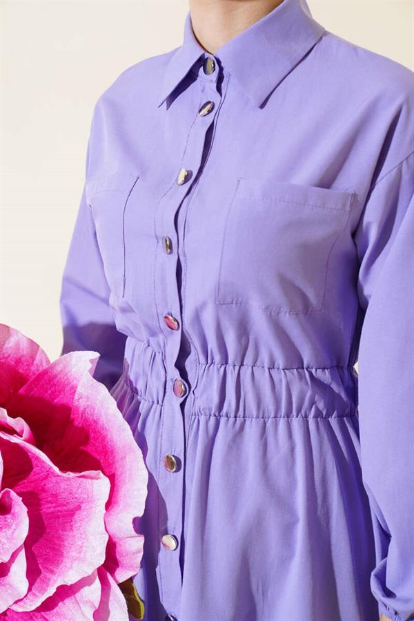Elastic Waist Metal Button Dress Lilac