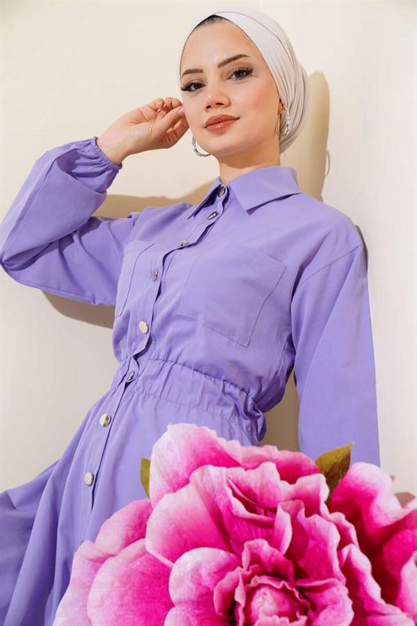 Elastic Waist Metal Button Dress Lilac