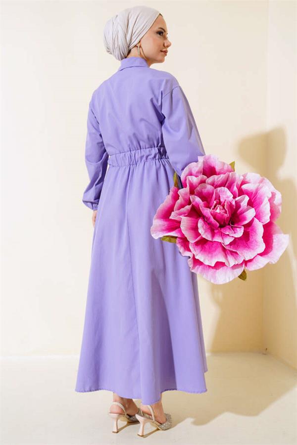 Elastic Waist Metal Button Dress Lilac