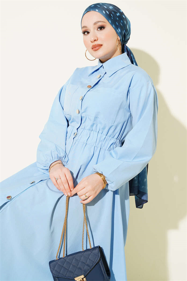Blue Dress with Elastic Waist and Metal Buttons