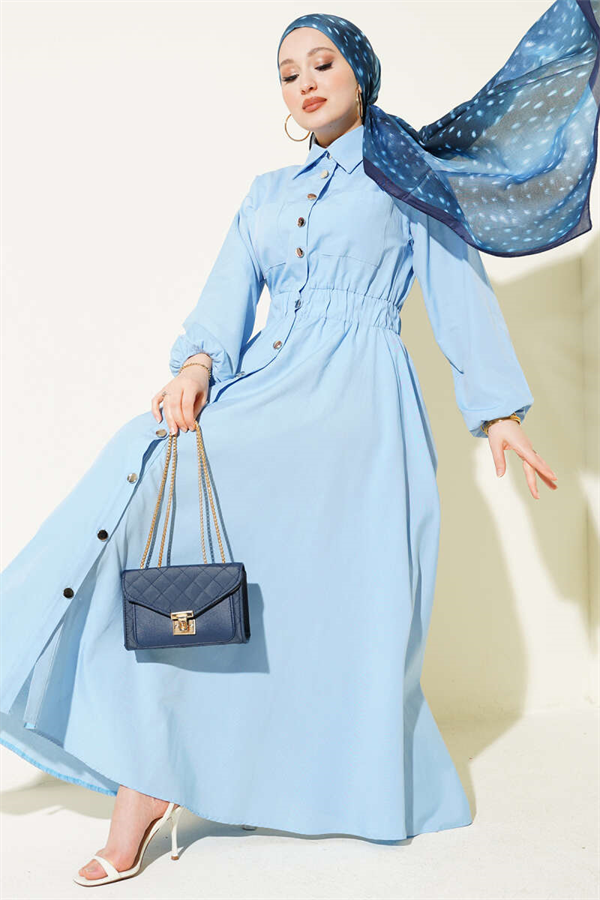 Blue Dress with Elastic Waist and Metal Buttons