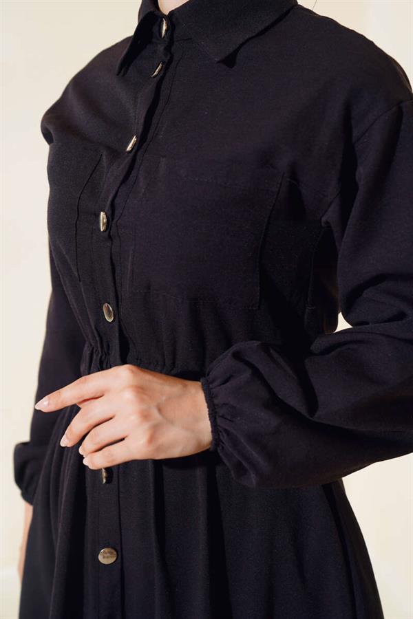 Elastic Waist Metal Button Dress Black