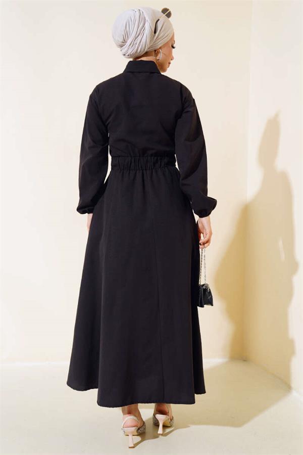 Elastic Waist Metal Button Dress Black