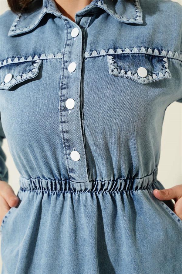 Elastic Waist Mussel Stitched Denim Dress Denim Blue