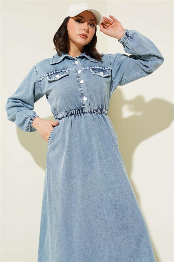 Elastic Waist Mussel Stitched Denim Dress Denim Blue