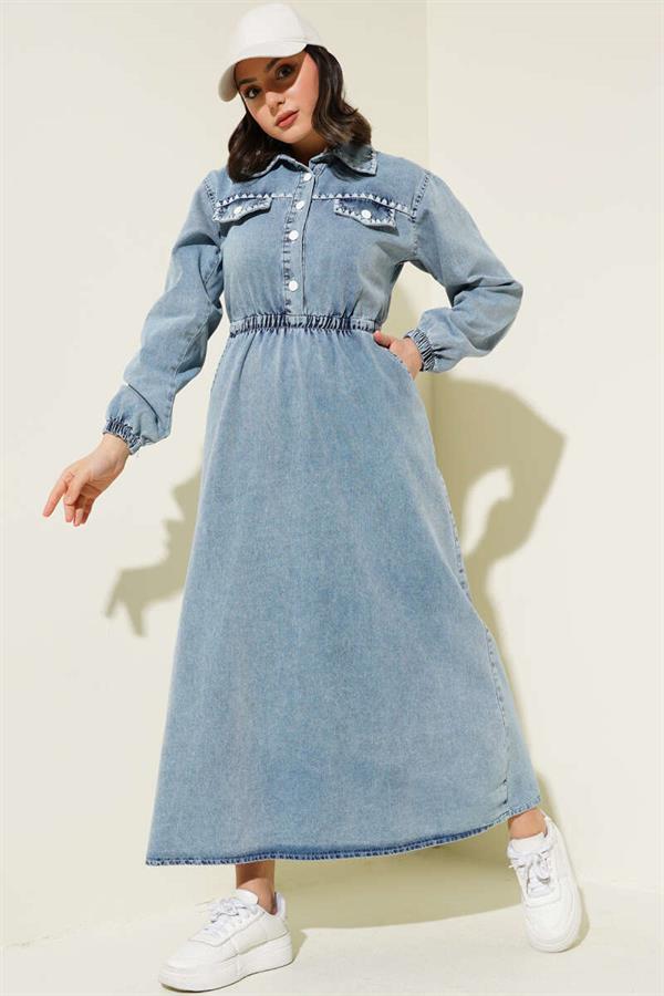 Elastic Waist Mussel Stitched Denim Dress Denim Blue