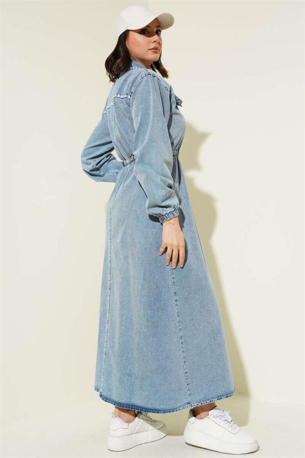 Elastic Waist Mussel Stitched Denim Dress Denim Blue