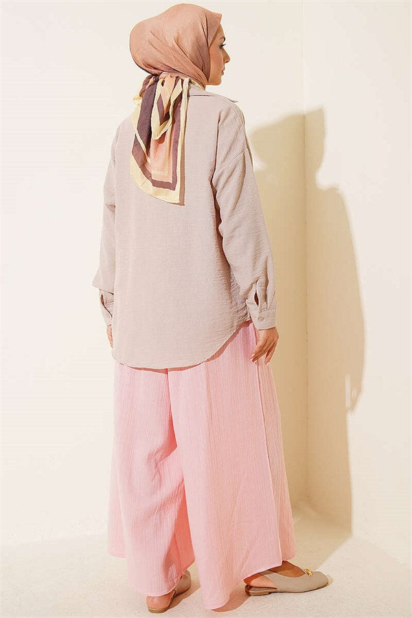 Pink Muslin Loose-Fitting Pants with Elastic Waistband