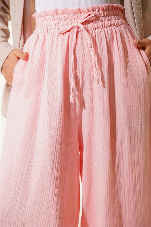 Pink Muslin Loose-Fitting Pants with Elastic Waistband