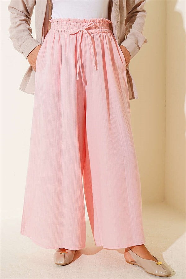 Pink Muslin Loose-Fitting Pants with Elastic Waistband
