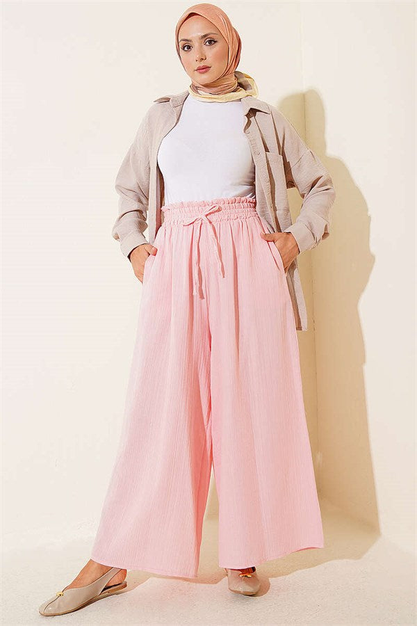 Pink Muslin Loose-Fitting Pants with Elastic Waistband