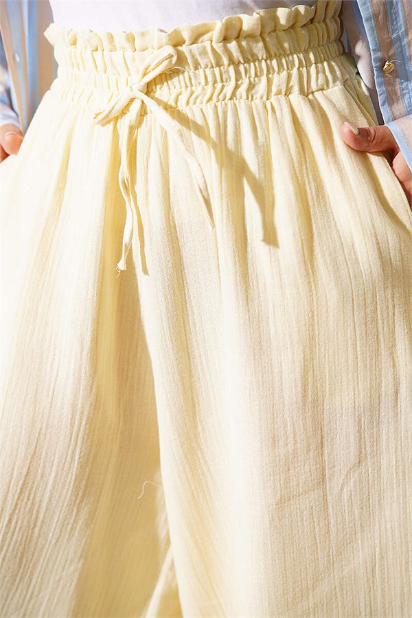 Yellow Muslin Loose-Fitting Trousers with Elastic Waistband