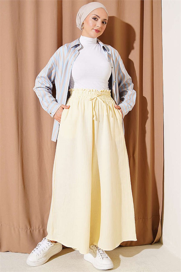 Yellow Muslin Loose-Fitting Trousers with Elastic Waistband