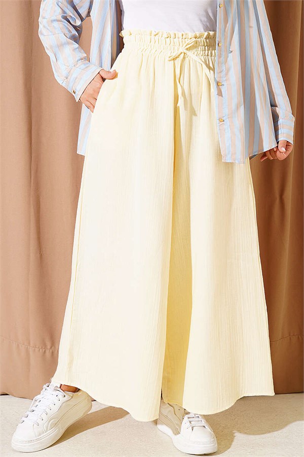Yellow Muslin Loose-Fitting Trousers with Elastic Waistband