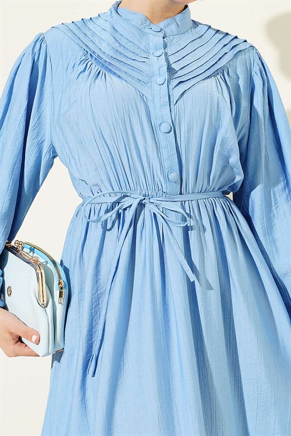 Baby Blue Ribbed Dress with Elastic Waistband